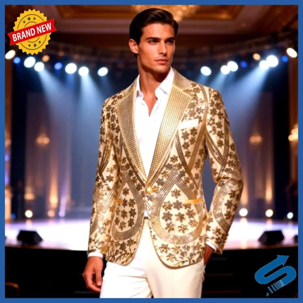 Men's Embroidered Sequin Blazer Slim Fit for Wedding Prom Party